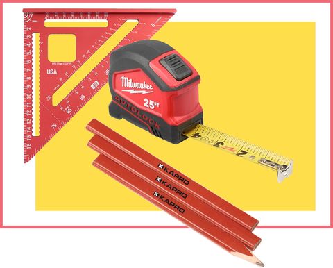 a measuring tape, speed square, pencil